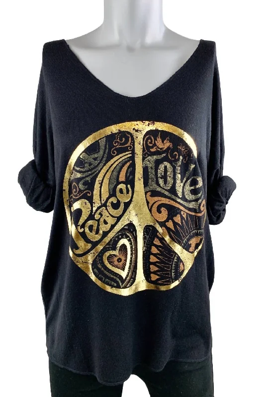 Fresh And Fashionable Women's V Neck Peace Sign Sweater In Black