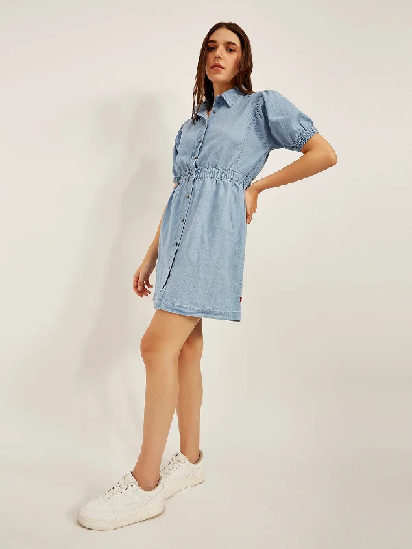 Street Letter Style Women's Solid Light Blue Spread Collar Dress
