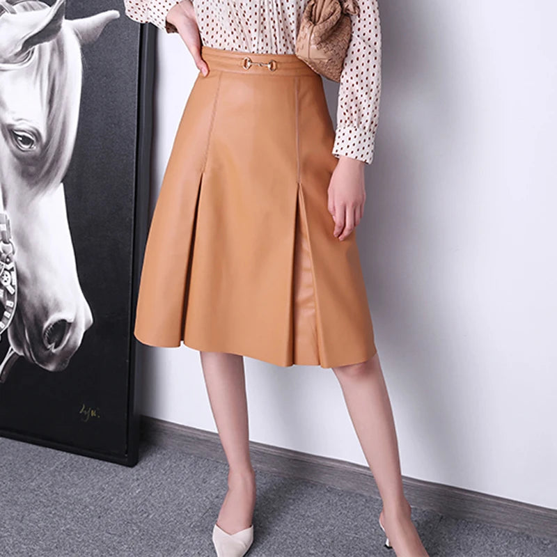 Trendy Items Camel Solid Pleated Elegant Leather Skirt