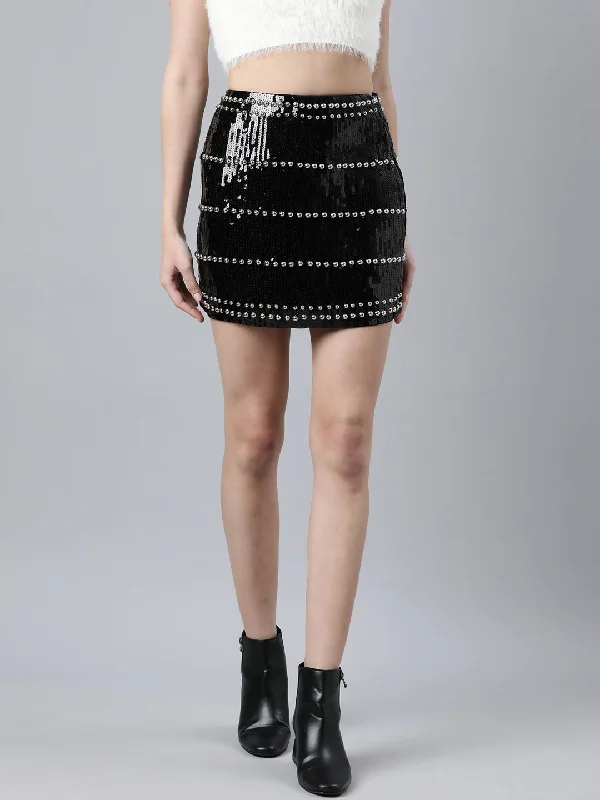 High-quality Fabrics Women Embellished A-Line Black Mini Skirt