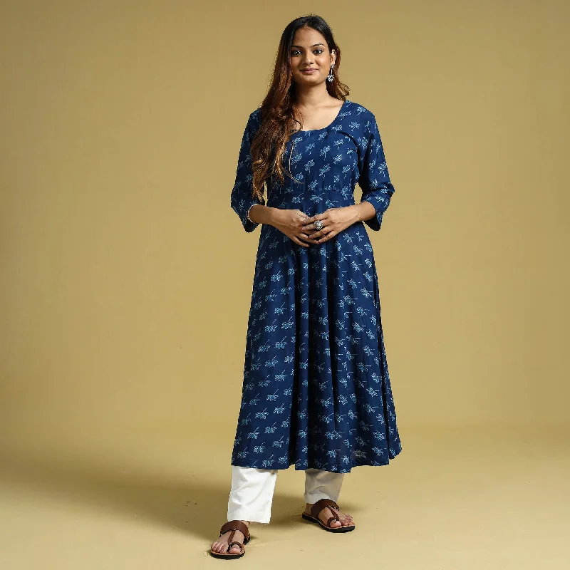 Free and comfortable Blue - Dabu Block Printed Cotton Flared Gher Dress