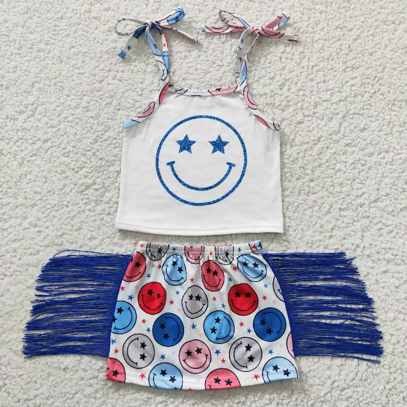 Personalized Series smile face camis tops tassel skirts sets GSD0325