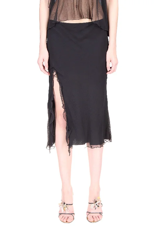 High Street Style Black Chiffon Ruffled High Slit Skirt