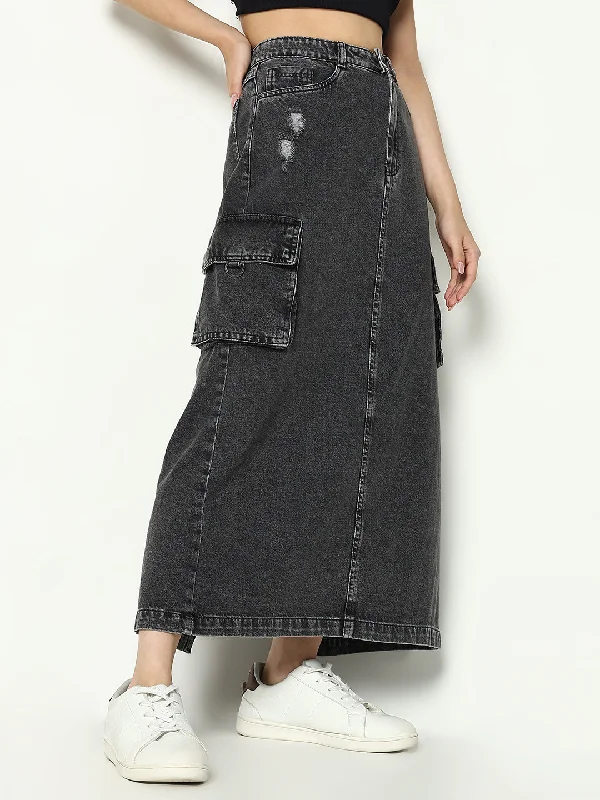 Personalized Design Women Solid Grey Straight Denim Skirt