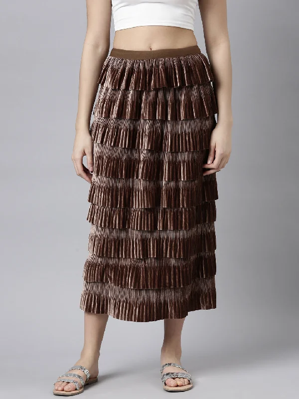 Stylish Comfort Women Self Design Brown Tiered Maxi Skirt
