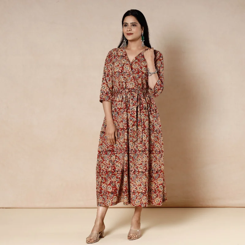 Party Wear Red - Kalamkari Block Printed Cotton Flared Dress