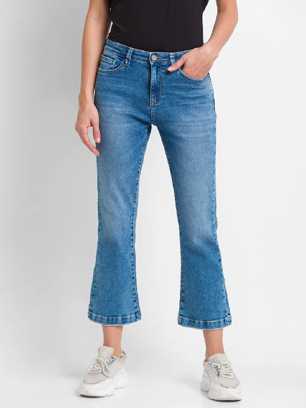 Knitted Design Spykar Light Blue Lycra Flare Fit Ankle Length Jeans For Women (Elissa)