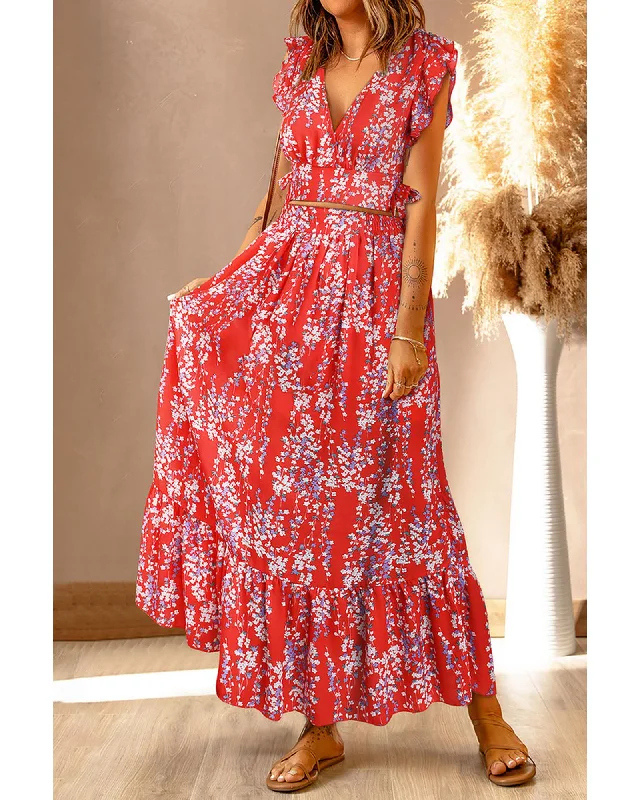 Autumn Selection Azura Exchange Floral Ruffled Crop Top and Maxi Skirt Set - L