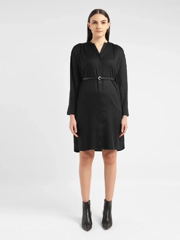 Fashion Touch Women's Solid Black Band Neck Dress