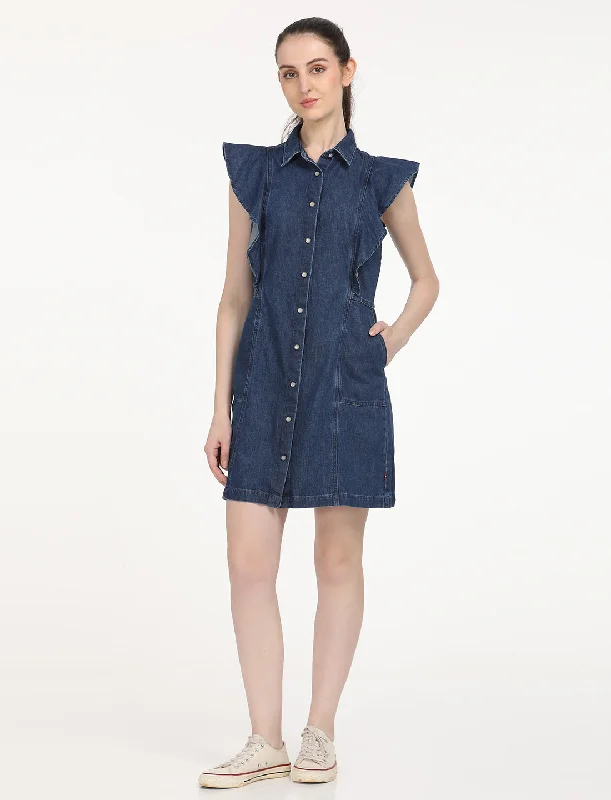 Energy Wear Women's Solid Blue Spread Collar Dress