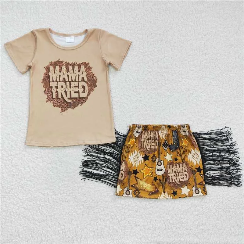 Dressing Tips Mama Tried t-shirts tassel skirts sets GSD0286