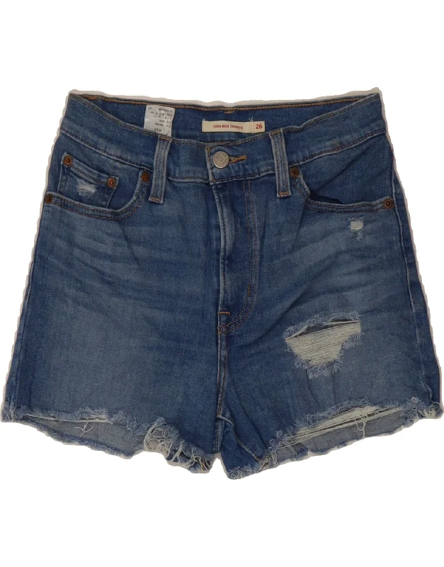 Sweet Style LEVI'S Womens Distressed High Waist Denim Shorts W26 Small Blue Cotton