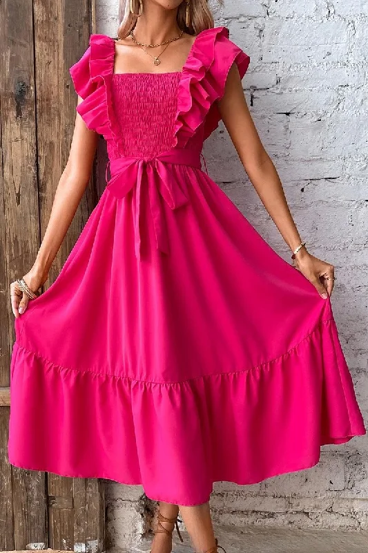 Elegant And Elegant RUFFLE LAYER SHOULDER TIED WAIST SMOKED DRESS