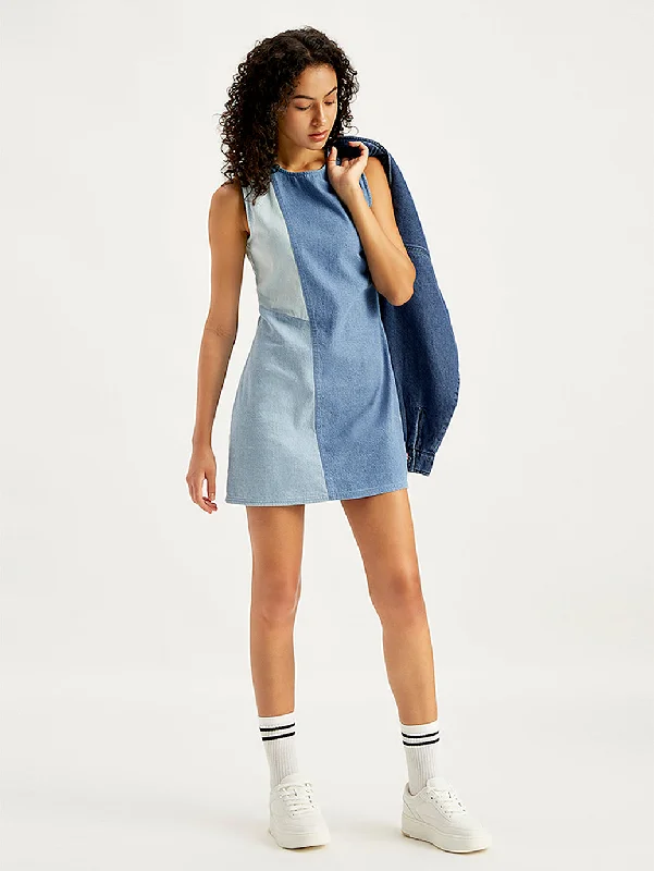 Smart Casuals Women's Colorblock Blue Round Neck Mini Dress