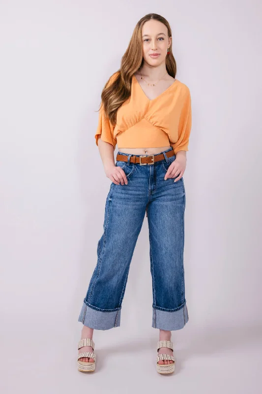 Letter embroidery Vervet High Rise Baggy Wide Jeans for Women | T6515D