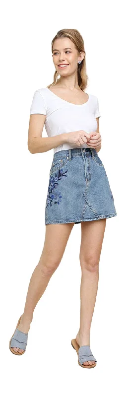 Comfortable Looks Floral Embroidered Mini Skirt, Light Denim