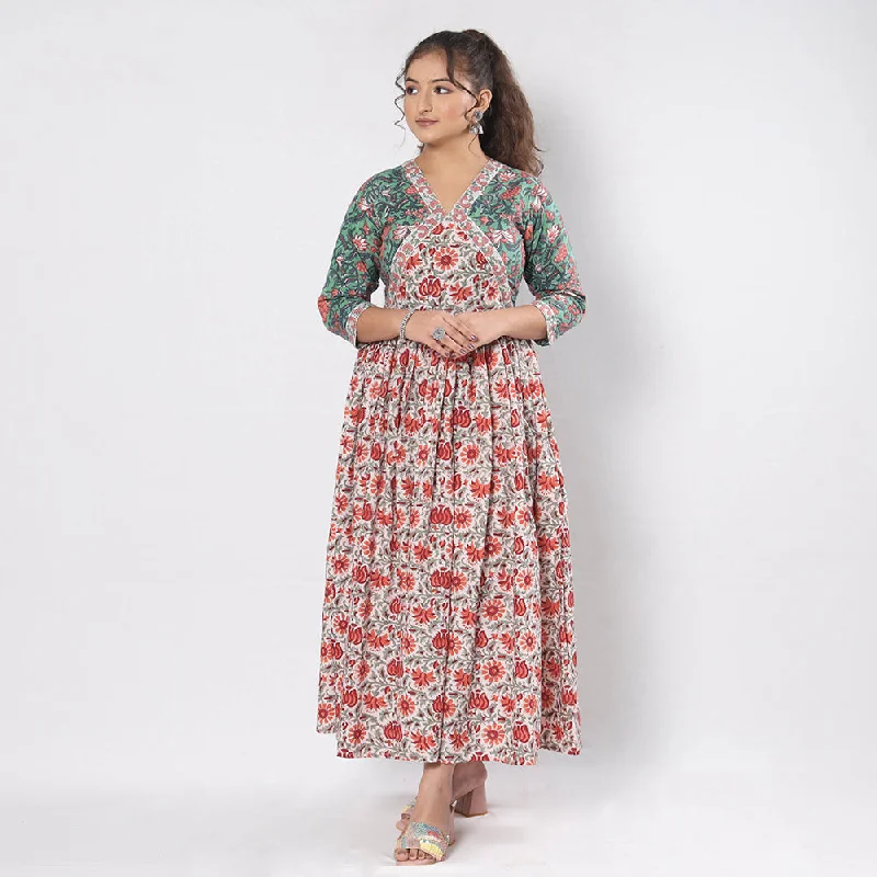 Sports litigation style Red - Sanganeri Block Printed Cotton Flared Gher Dress