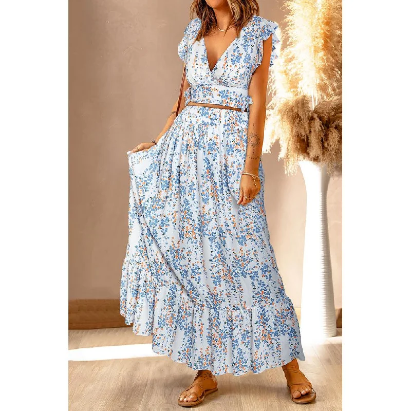 End Of The Year Azura Exchange Floral Ruffled Crop Top and Maxi Skirt Set - 2XL