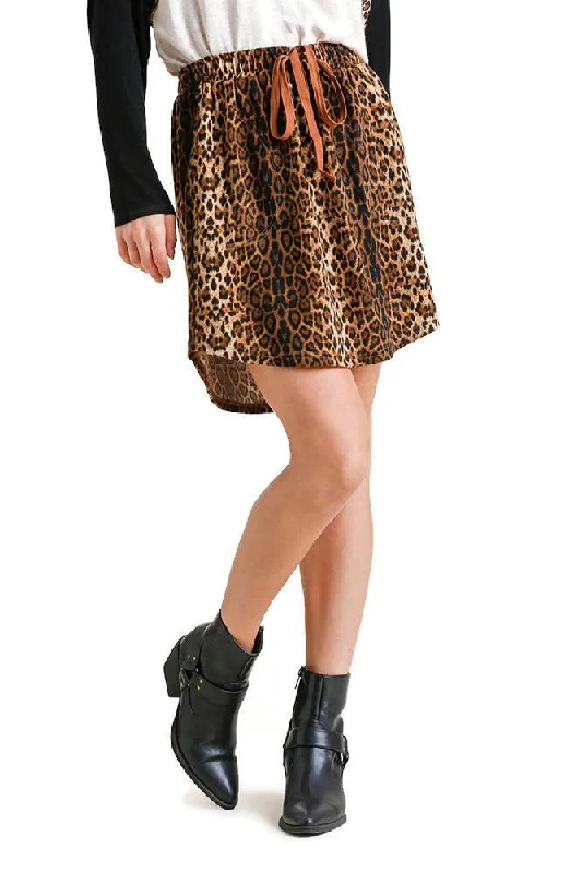 Fashion Classic Leopard Drawstring Mini Skirt, Camel