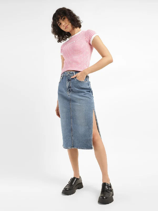 Breathable Style Women's Mid Rise Blue Solid Skirt
