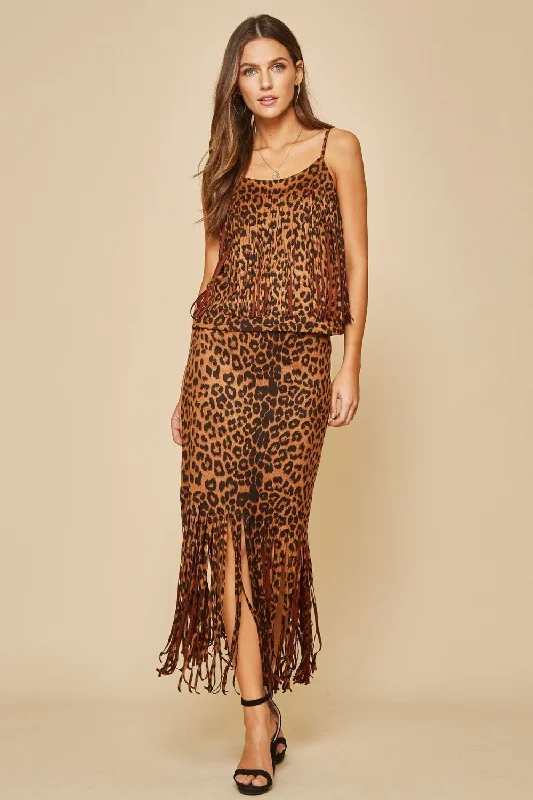 Comfortable Mind Leopard Fringe Skirt