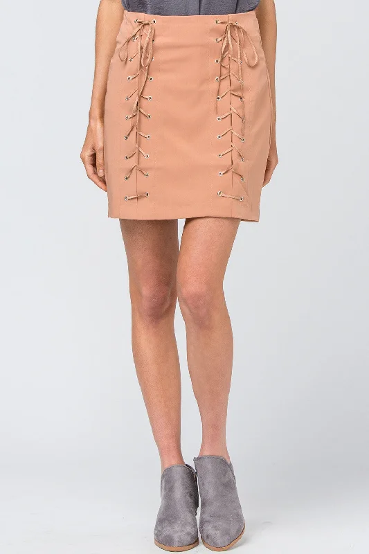 Trendy Casuals High Waist Grommet Mini Skirt, Desert Sand