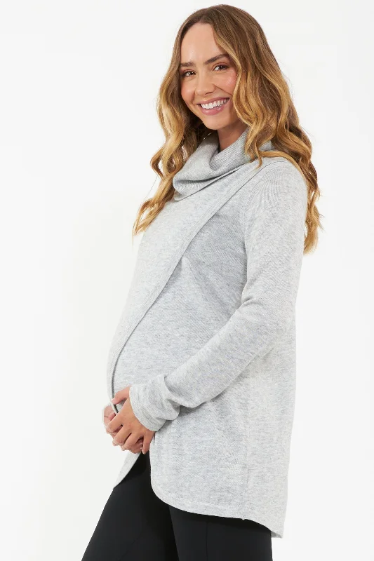 Luxury And Elegant Cowl Neck Maternity Nursing Knit in Heather Grey
