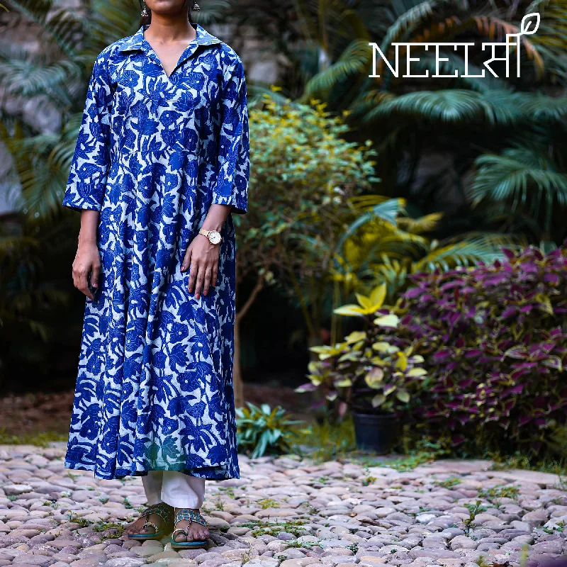 Printed pattern Blue - Dabu Block Printed Cotton Flared Gher Dress