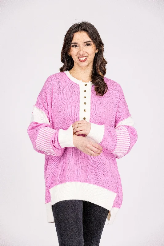 Carefree Style Peach Love Cupid's Heart Women's 1/4 Button Down Step Hem Sweater