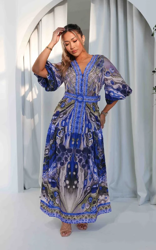 Round neck design Santorini Maxi Dress - Blue Print