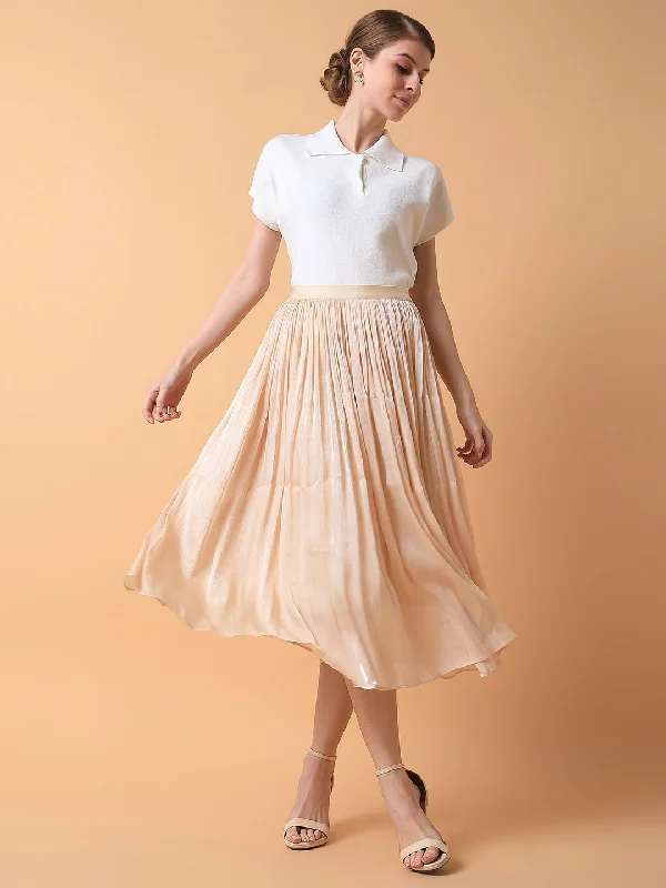 High-end Fashion Women Solid Cream Flared Midi Skirt
