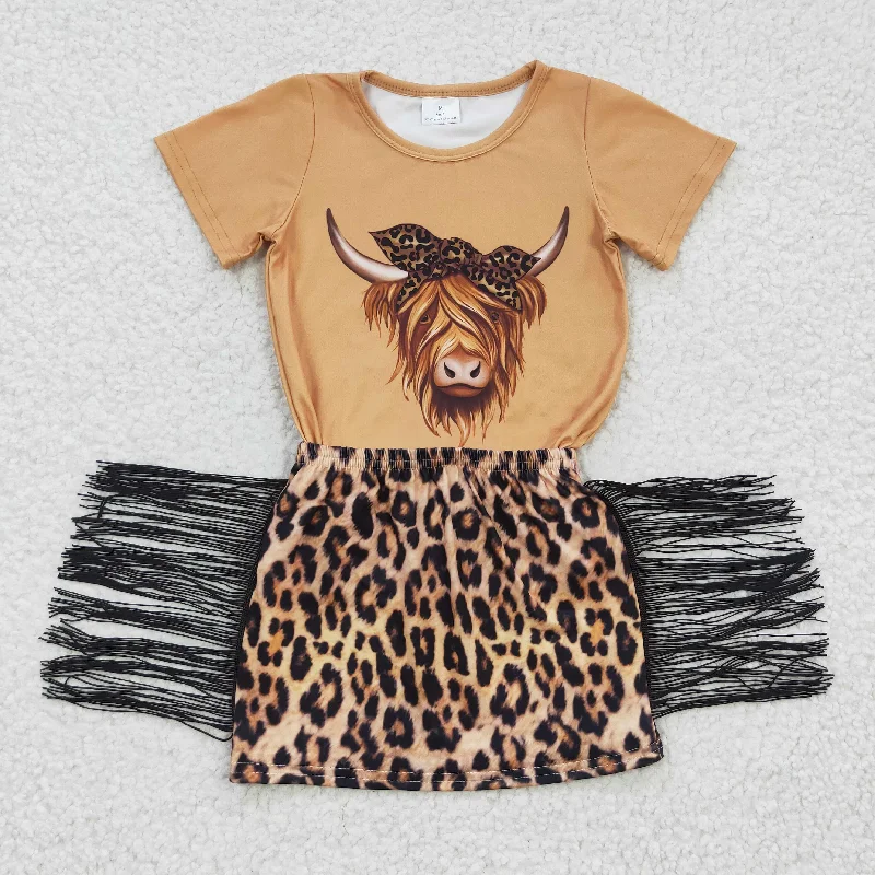 Luxury Customization Highland Cow T-shirts tassel skirts sets GSD0301