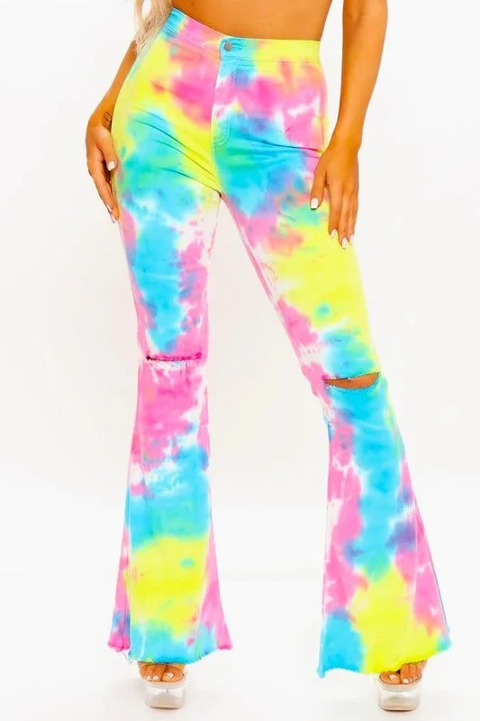 Elegant Wear High Rise Rainbow Tie Dye Flare Jeans
