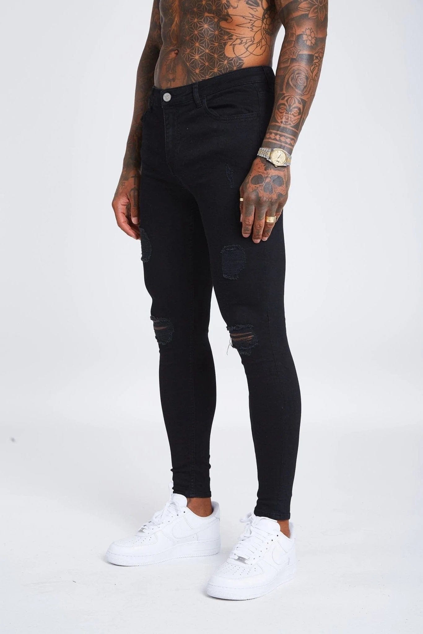 European Plan SKINNY FIT JEANS RIPPED & REPAIRED - BLACK