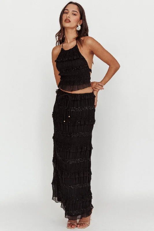 Elegant Design Helios Shirred Sequin Maxi Skirt Black