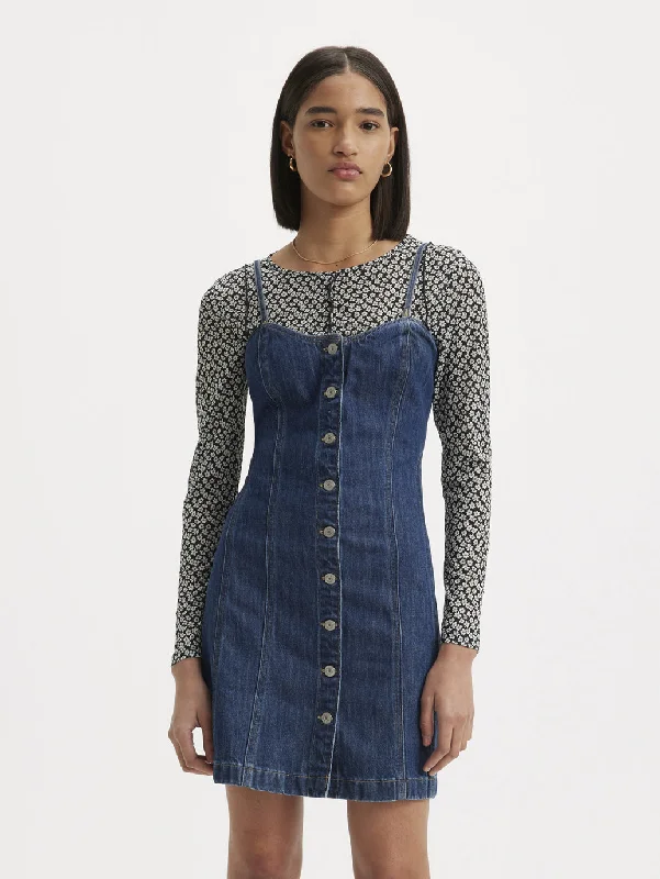Embroidered Letters Women's Solid Sweetheart Neck Dress