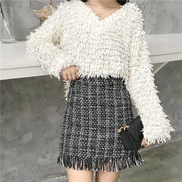 Comfortable Outfits Winter Autumn Woollen Plaid Straight Mini Skirt in Vintage Style for Women