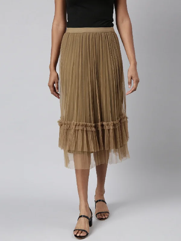 Fashion Concept Women Flared Midi Brown Solid Skirt