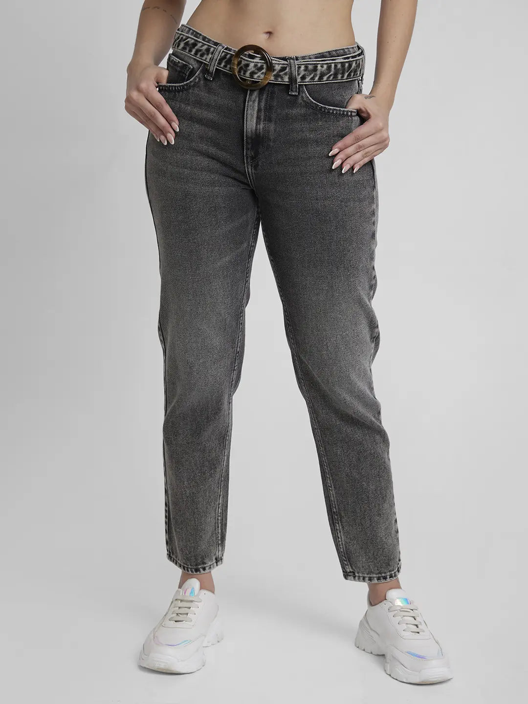 Comfortable Design Spykar Women Charcoal Grey Cotton Mom Fit Ankle Length Clean Look Jeans -(Amora)