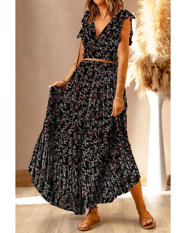 Urban Fashion Azura Exchange Floral Ruffled Crop Top and Maxi Skirt Set - M