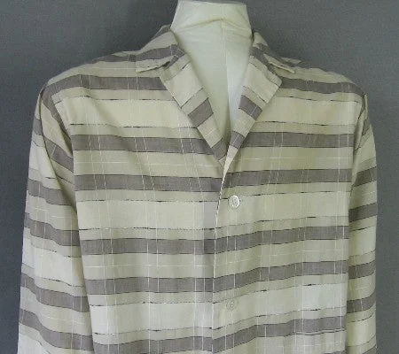 Sports High Waist Style 50s Vintage Men's Pajamas Set Shirt Pants Brown Plaid Striped PJs M/L Weldon VFG