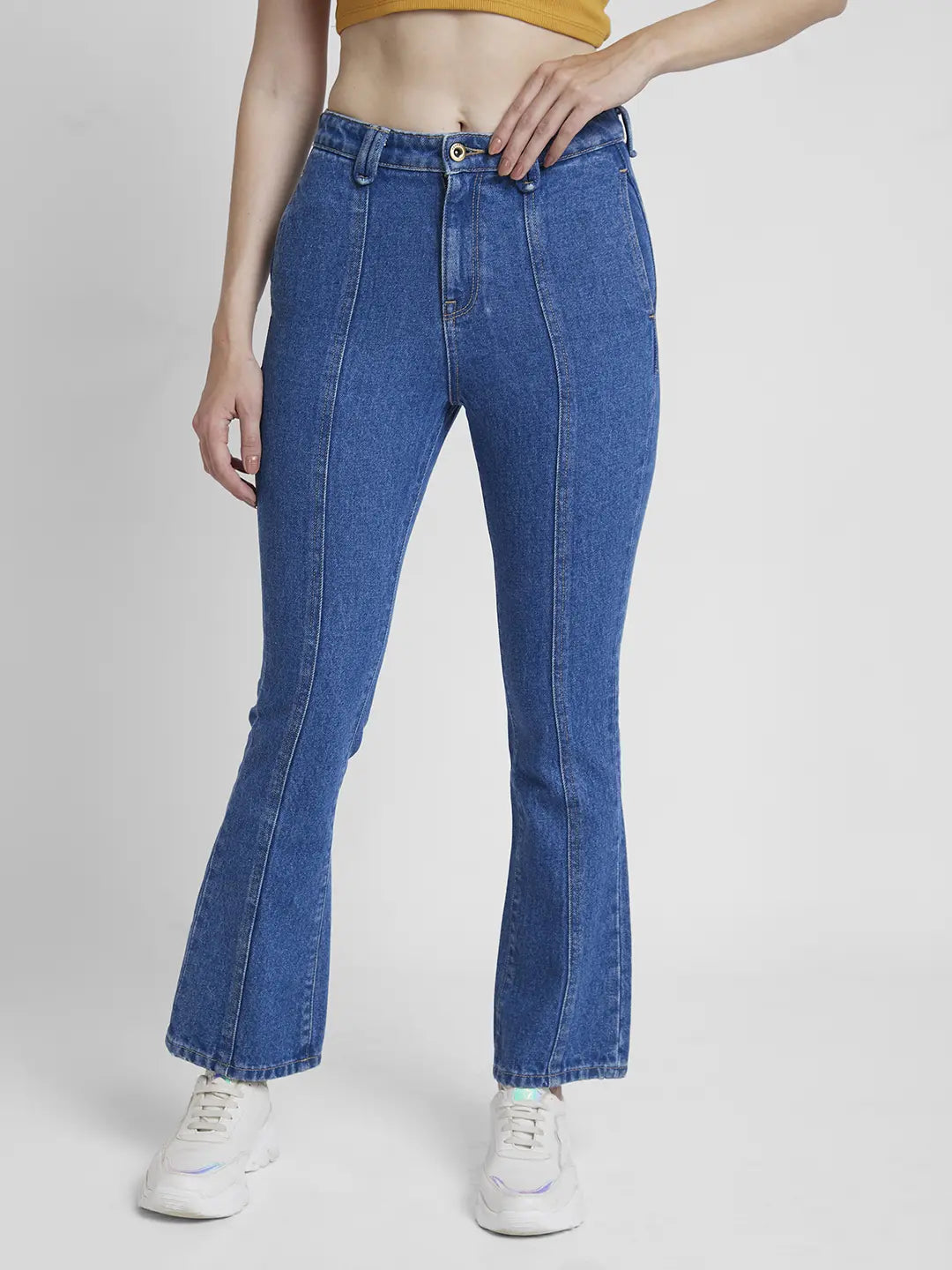 Versatile Wear Spykar Women Mid Blue Lycra Bootcut Fit Ankle Length Clean Look Jeans -(Elissa)