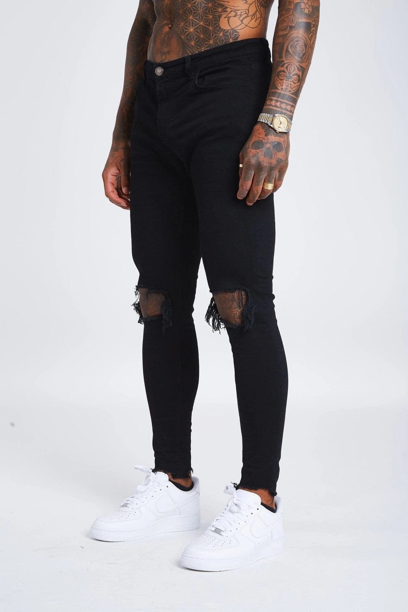 Quality Tailoring SKINNY FIT JEANS DESTROYED KNEE - BLACK