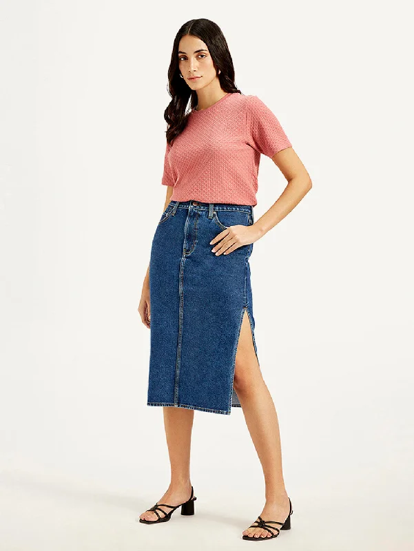 Street Style Women's High Rise Blue Straight Fit Skirt
