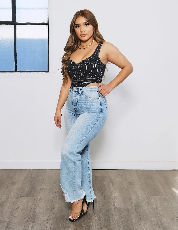 Embroidered Letters Daisy Pinch Straight Destroyed Hem Jean