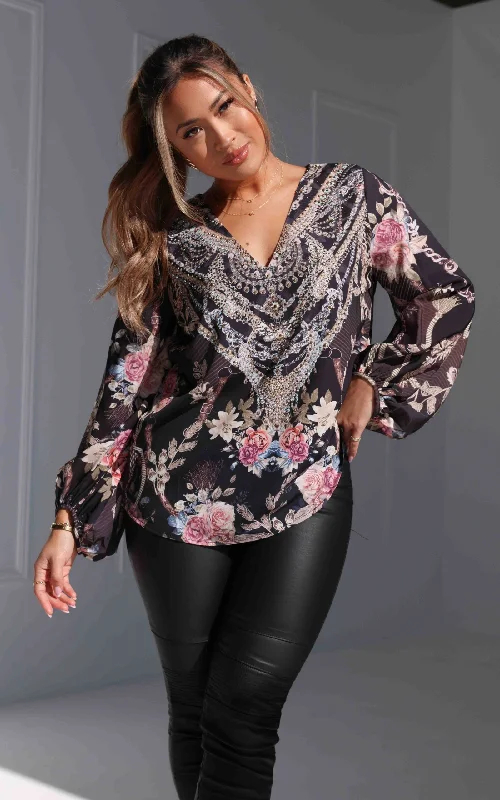 Comfortable And Simple Elowen Gem Embellished Top - Black Multi Floral