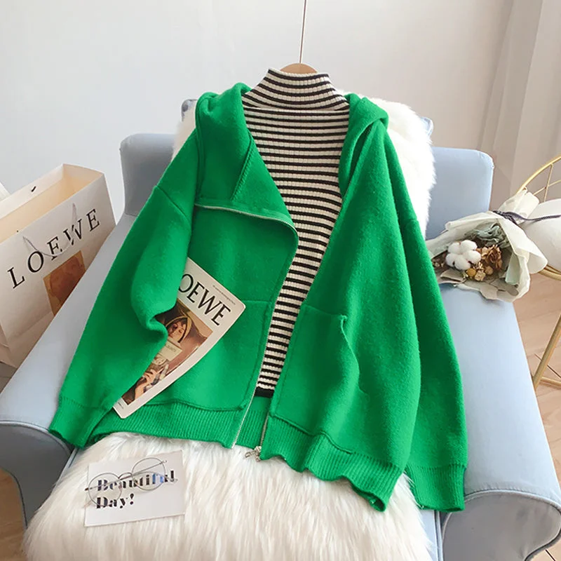 Street Style Design inclined zipper hooded sweater women's coat  5220