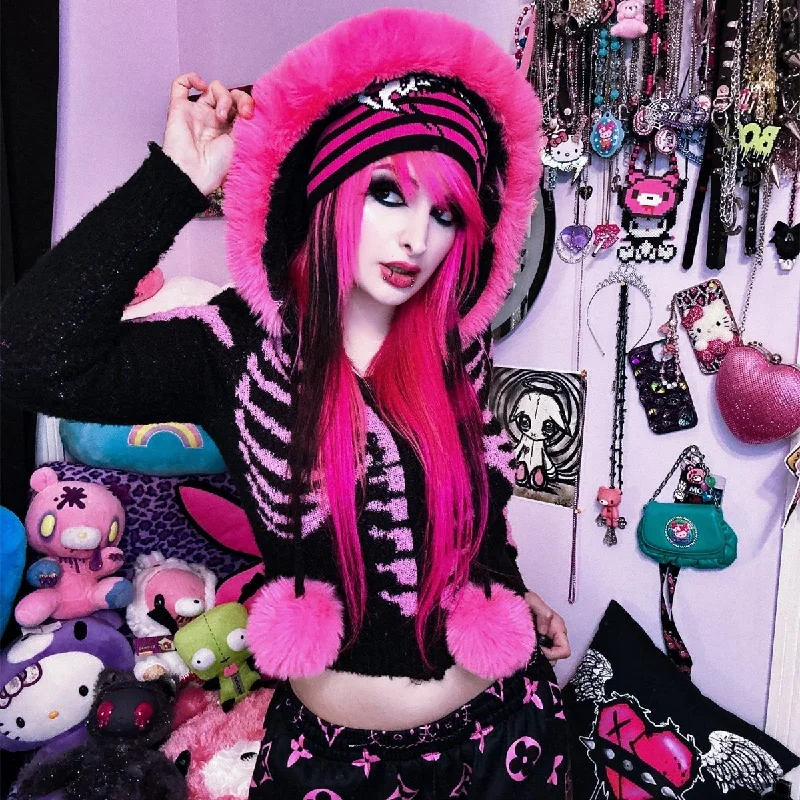 Romantic Data Bony Rib Cage Skelly Pink Fur Cardigan
