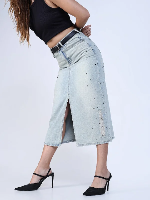 Fashion Innovation Women Blue Solid Denim Skirt with Belt
