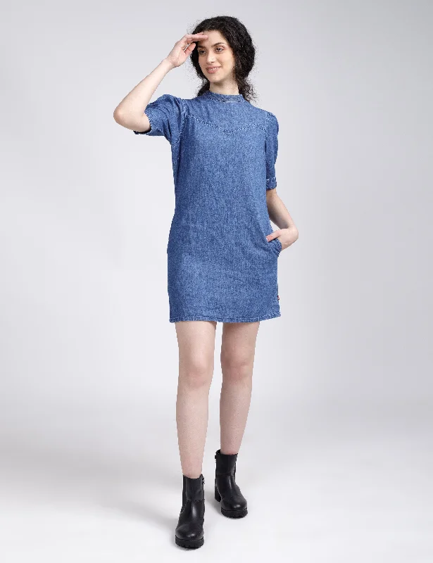 Comfy Chic Women's Solid Blue Collar Neck Dress